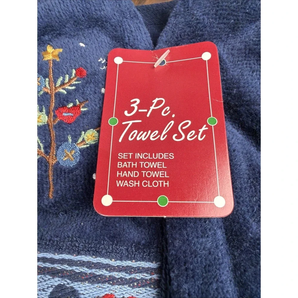 Navy Snow Man Embroidered Set 3 Piece Set - Bath, Hand, Washcloth Christmas Set